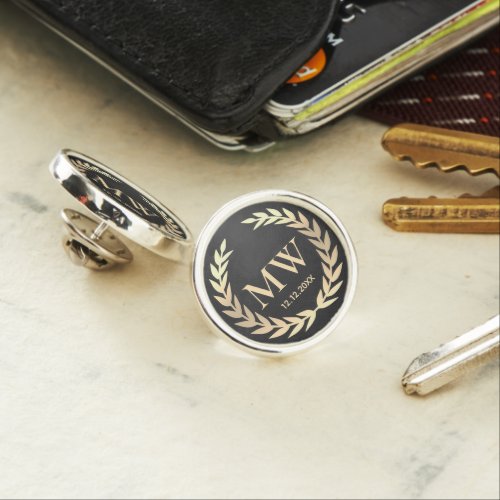 Modern Monogram Initials Wedding Black Gold Lapel Pin