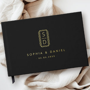 Modern monogram initials wedding black real foil guest book 