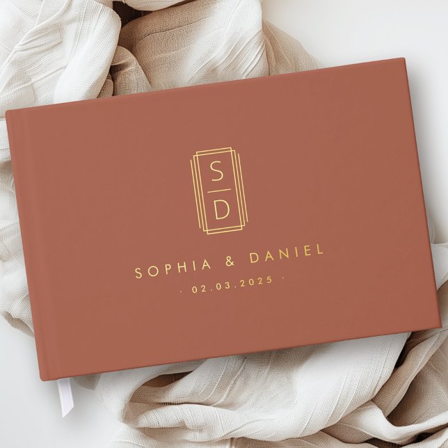 Modern monogram initials wedding white real foil guest book  (Modern monogram initials wedding white real foil guest book)