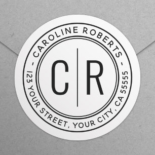 Modern monogram initials white return address classic round sticker