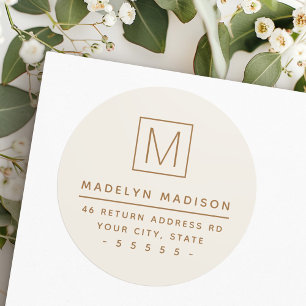 Modern monogram ivory colored return address classic round sticker