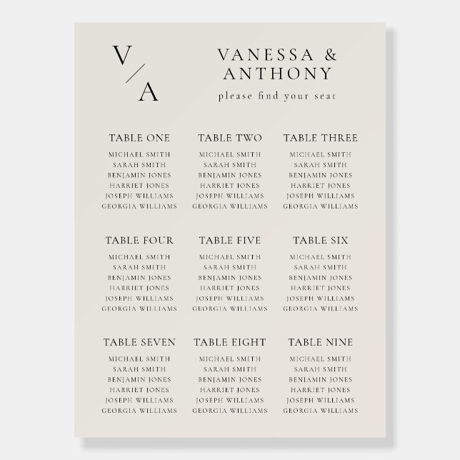 Modern Monogram Ivory Wedding Seating Chart Foam Board (Front)