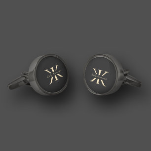 Modern Monogram K Bestman Groomsmen Black Gold Cufflinks