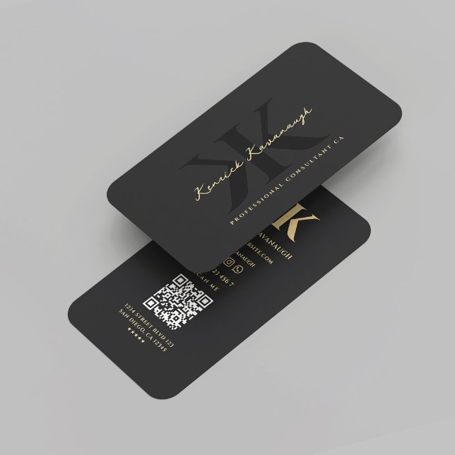 Modern Monogram K Professional Marketing  Business Card (Modern Monogram K Initial Professional Marketing Consultant Black and Gold QR Business Card
)