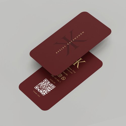 Modern Monogram K Red Maroon Gold Professional Business Card