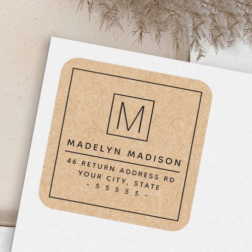 Modern monogram Kraft paper look return address Square Sticker