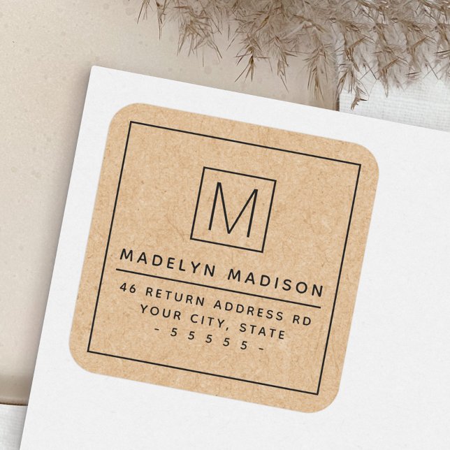 Modern monogram Kraft paper look return address Square Sticker (Creator Uploaded)