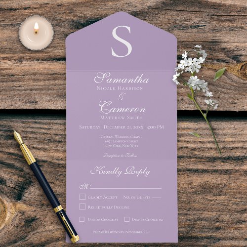 Modern Monogram Lavender Dinner All In One Invitation