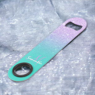 Modern monogram lavender glitter ombre turquoise bar key