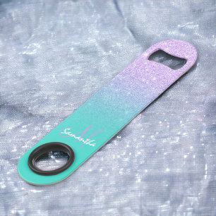 Modern monogram lavender glitter ombre turquoise bar key