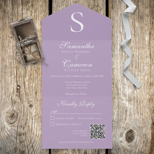 Modern Monogram Lavender Purple QR Code All In One Invitation