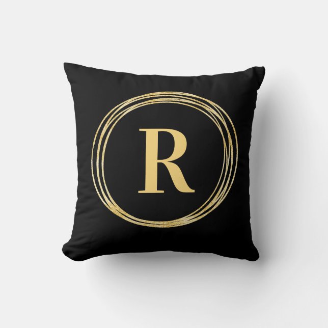 Modern Monogram Letter Initial Black Gold Circles Throw Pillow (Front)