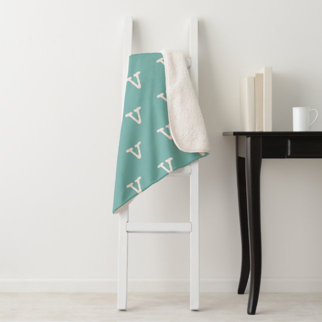 Modern Monogram Letter Typewriter Typography Teal Sherpa Blanket (In Situ)