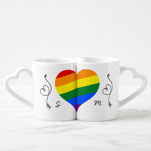 Modern Monogram LGBT Rainbow Gay Newlyweds Wedding Coffee Mug Set (Front Nesting)