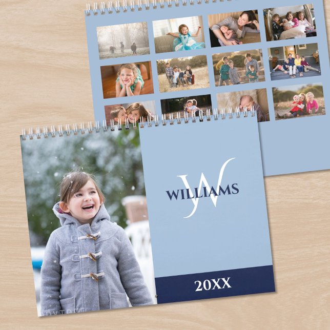 Modern Monogram Light Blue Photo Calendar (Modern Monogram Light Blue Photo Calendar, front/back)
