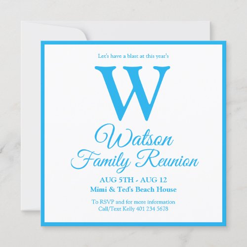Modern Monogram Light Blue Stripes Family Reunion Invitation
