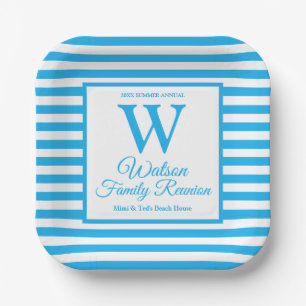 Modern Monogram Light Blue Stripes Family Reunion Paper Plates