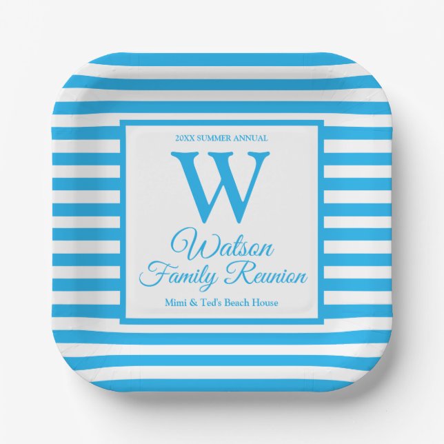 Modern Monogram Light Blue Stripes Family Reunion Paper Plates (Front)
