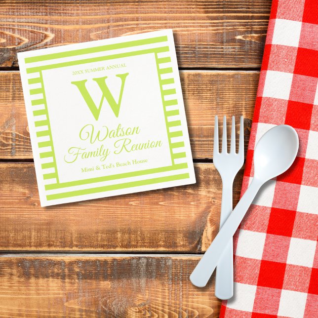 Modern Monogram Light Green Stripes Family Reunion Napkins (Creator Uploaded)