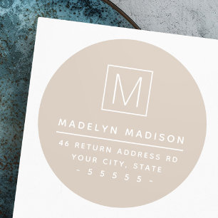 Modern monogram light mocha brown return address classic round sticker