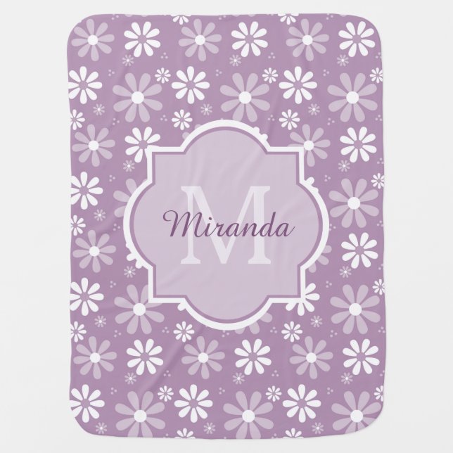 Modern Monogram Light Purple Daisies and Name Receiving Blanket (Front)