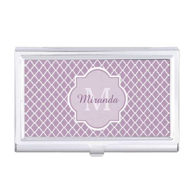 Modern Monogram Light Purple Quatrefoil With Name Case For Business Cards (Front)