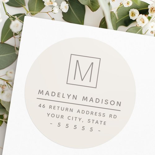 Modern monogram light tan brown return address classic round sticker