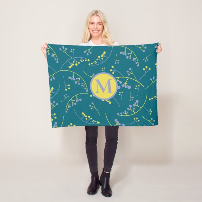 Modern monogram lilac yellow berry pattern fleece blanket (In Situ)