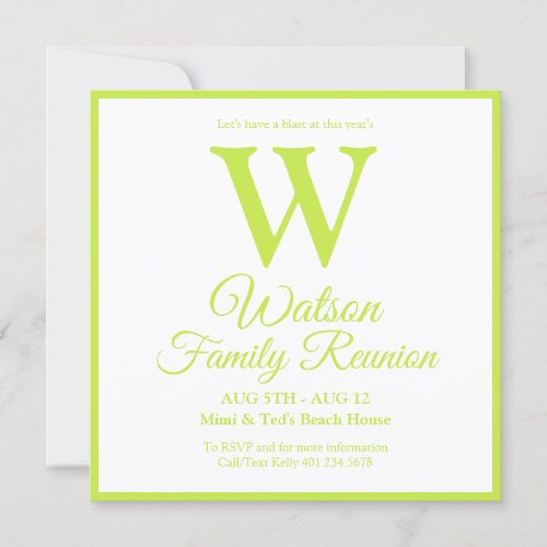Modern Monogram Lime Green Stripes Family Reunion Invitation