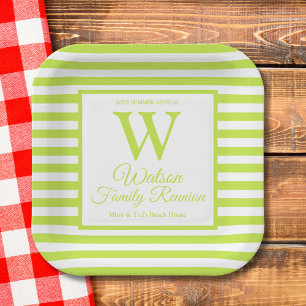 Modern Monogram Lime Green Stripes Family Reunion Paper Plates