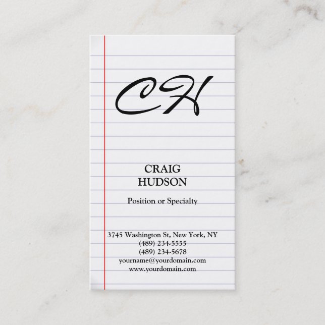 Modern Monogram Lined Paper Pattern Business Card (Front)