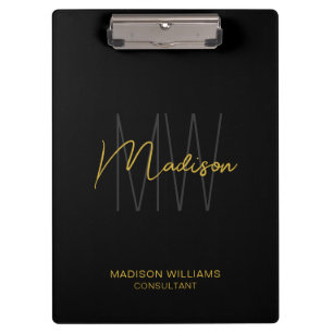 Modern Monogram Logo Black Gold Consultant Clipboard