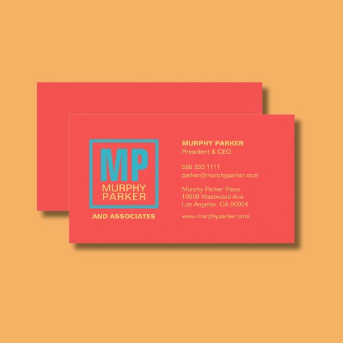 Modern Monogram Logo Coral Red Teal Yellow  Business Card