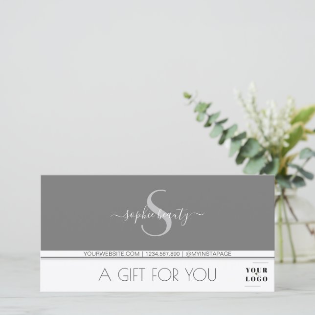 Modern Monogram Logo Grey & White Gift Certificate (Standing Front)