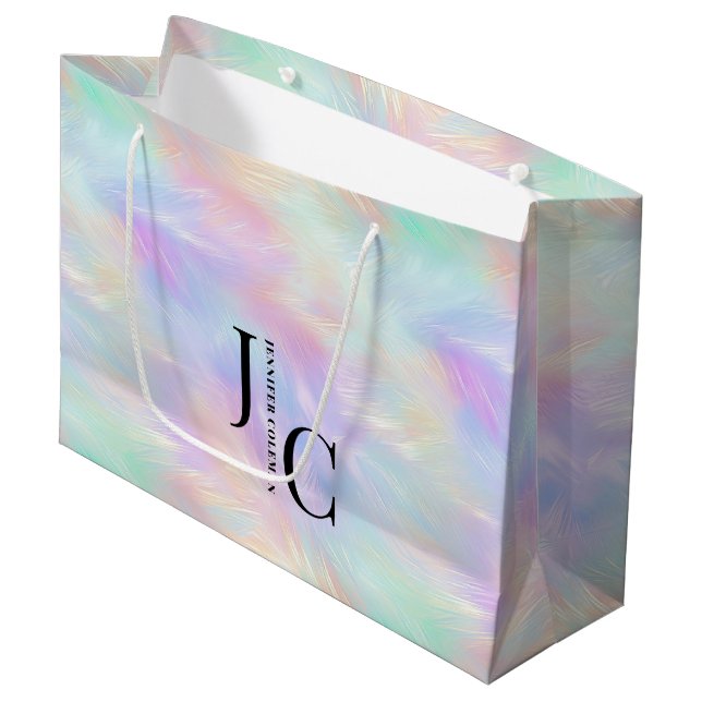 Modern Monogram Logo Iridescent Opal Stylish Large Gift Bag (Front Angled)