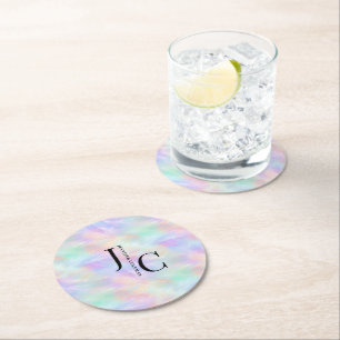 Modern Monogram Logo Iridescent Opal Stylish Round Paper Coaster