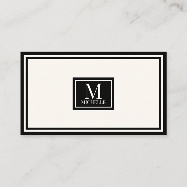 Modern Monogram Luxury Black/Ivory Boarder QR Code Business Card (Front)