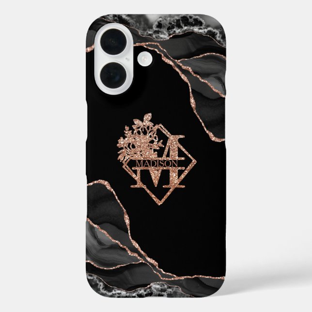 Modern Monogram M Black Agate Marble Rose Gold  Case-Mate iPhone Case (Back)