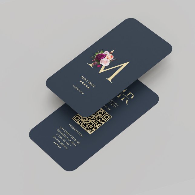 Modern Monogram M Floral Dark Blue Gold Business Card (Modern Monogram M Floral Dark Blue Gold Business Card
)