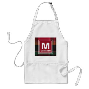 Modern Monogram Madras Plaid Pattern Personalize Adult Apron
