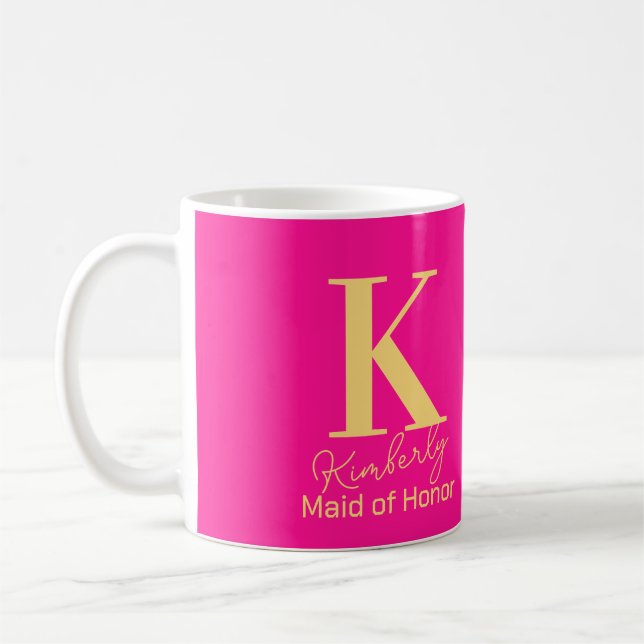 Modern Monogram Maid of Honor Hot Pink Coffee Mug (Left)