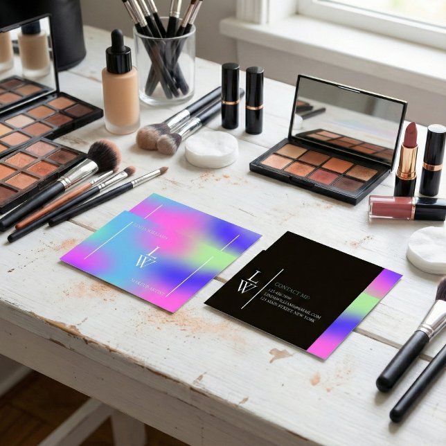 Modern Monogram Makeup Artist Branding Business Card (Makeup Artist Branding – Pastel Holographic Gradient, Modern Monogram, Two-Sided)