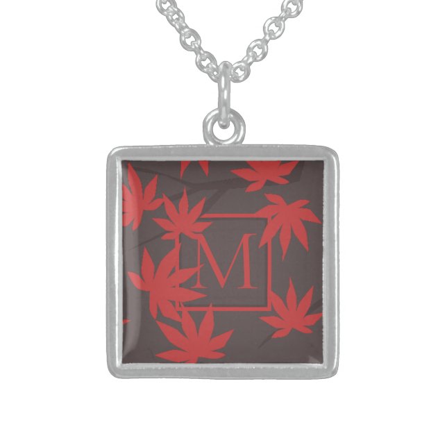 Modern Monogram Maple Leaf Sterling Silver Necklace (Front)