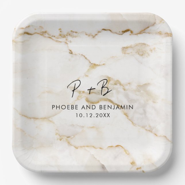 Modern Monogram Marble Wedding Paper Plates (Front)
