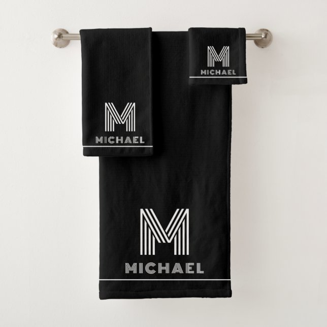 Modern Monogram Masculine Black  Bath Towel Set (Insitu)