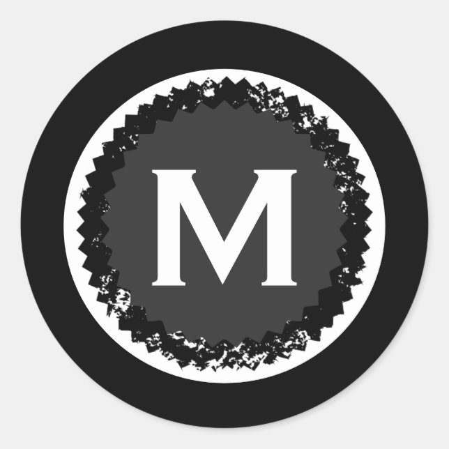 Modern Monogram Medallion Black & White Classic Round Sticker (Front)
