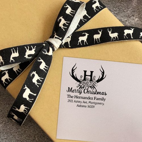 Modern Monogram Merry Christmas Floral Deer  Rubber Stamp