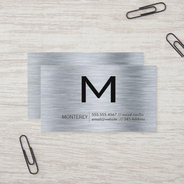 Modern Monogram | Metallic Brushed Background Business Card (Front/Back In Situ)