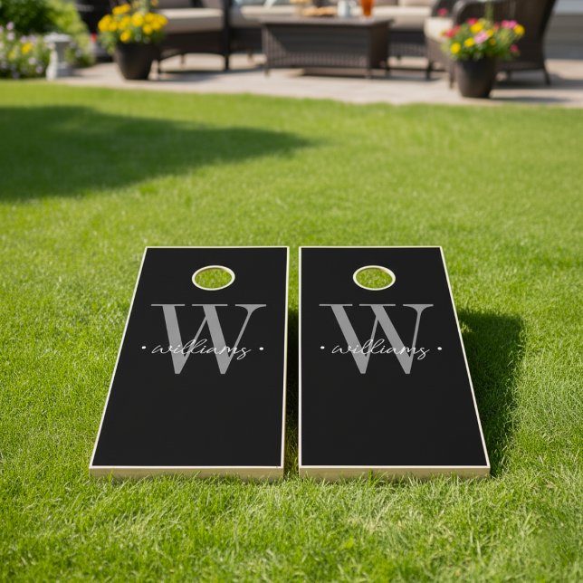 Modern Monogram Minimal Black White Cornhole Set (Creator Uploaded)