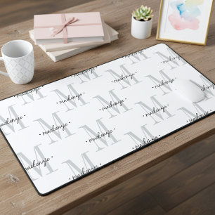 Modern Monogram Minimal Black White Desk Mat